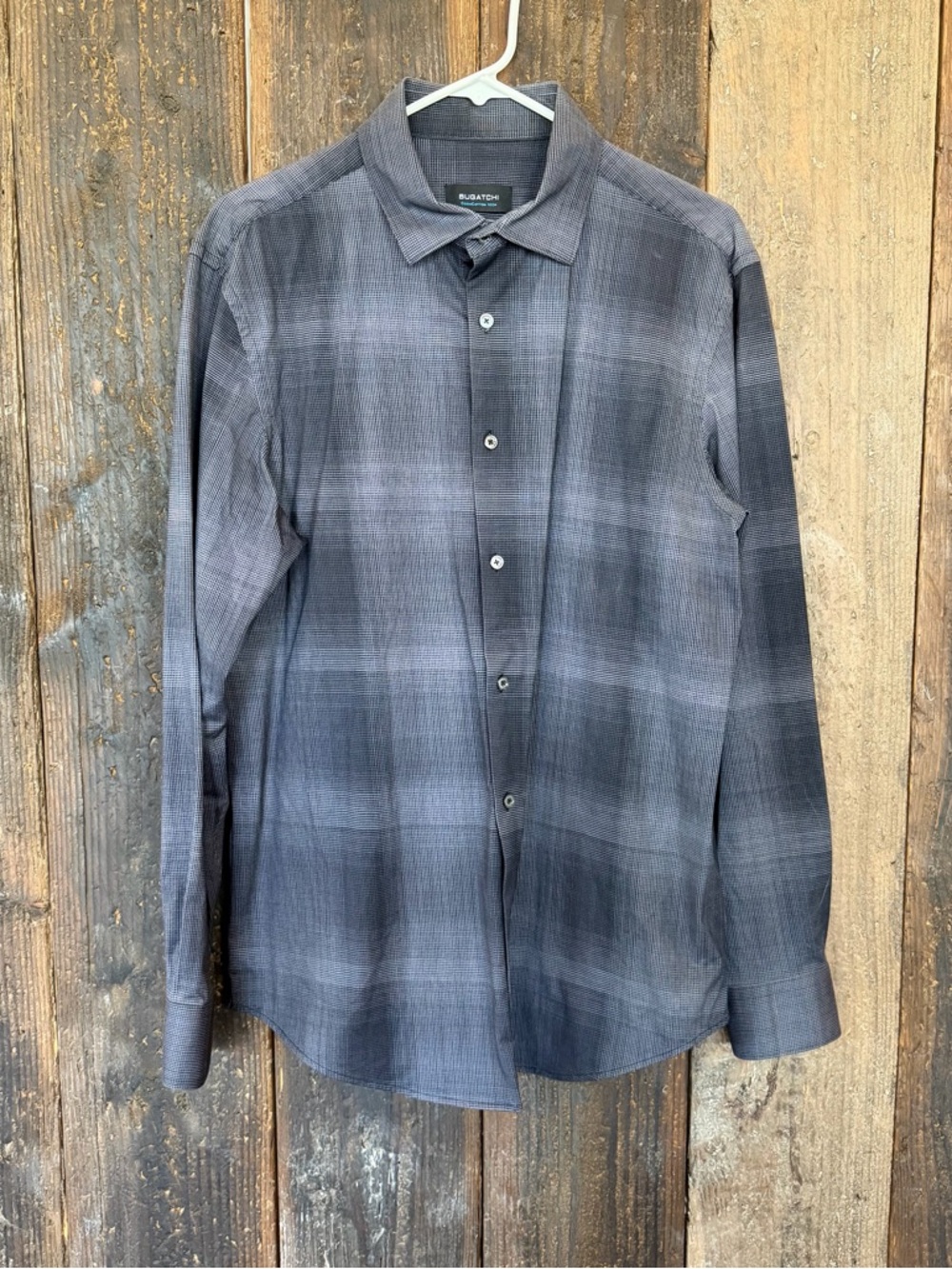 Bugatchi Men's Charcoal Gray Plaid Button-Down Shirt With Open Cotton Tech
